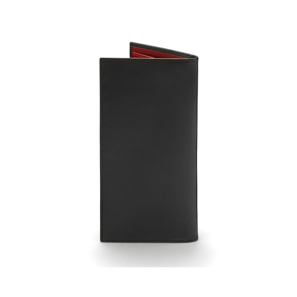 Tall leather wallet with 8 card slots, black with red, back