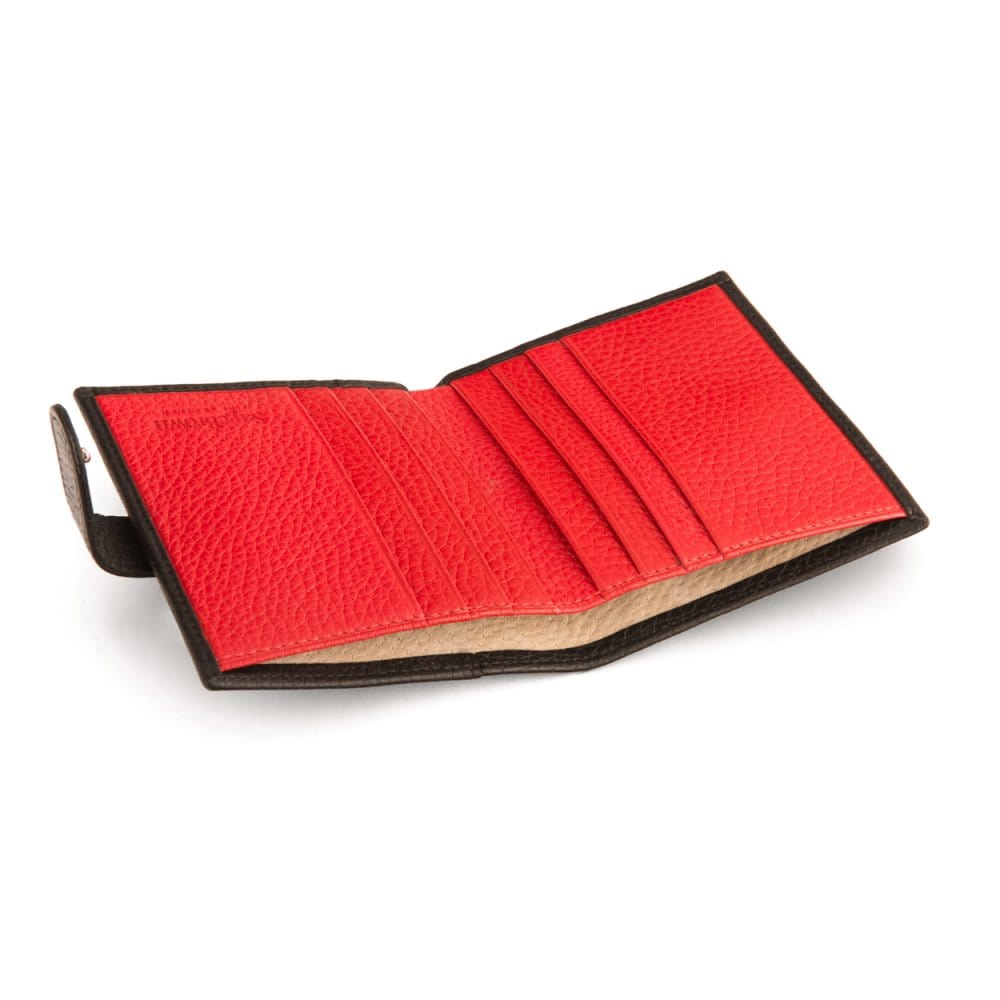Compact leather billfold wallet with tab, black with red, inside