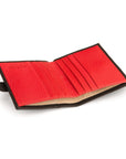 Compact leather billfold wallet with tab, black with red, inside