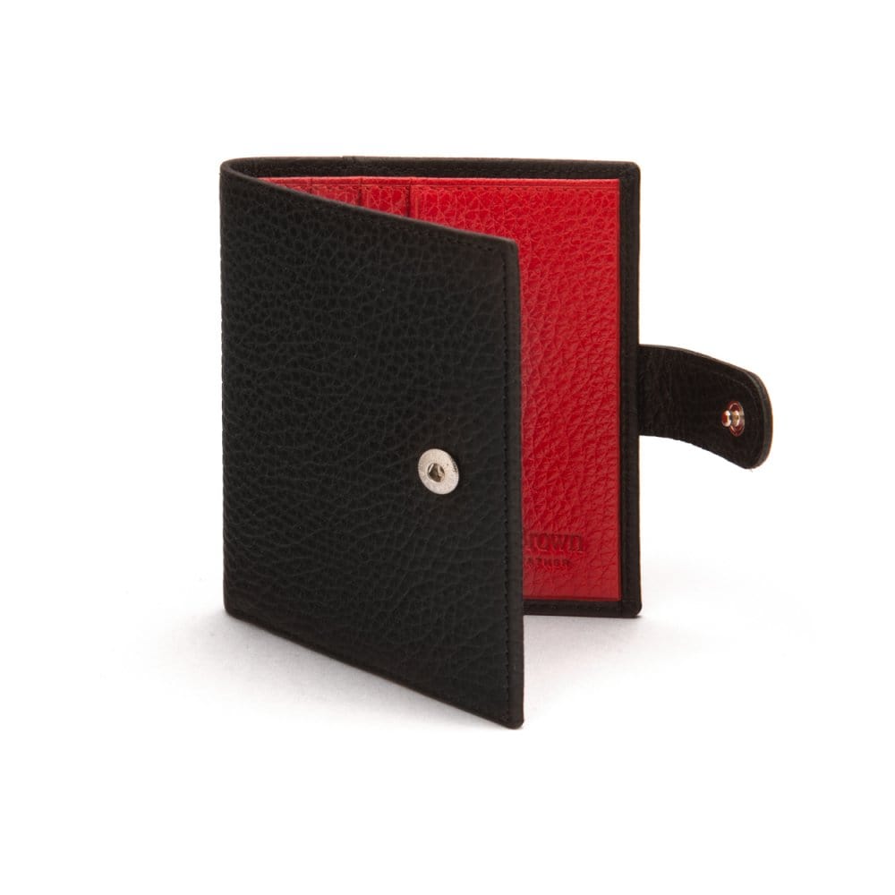 Compact leather billfold wallet with tab, black with red, front