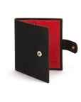 Compact leather billfold wallet with tab, black with red, front