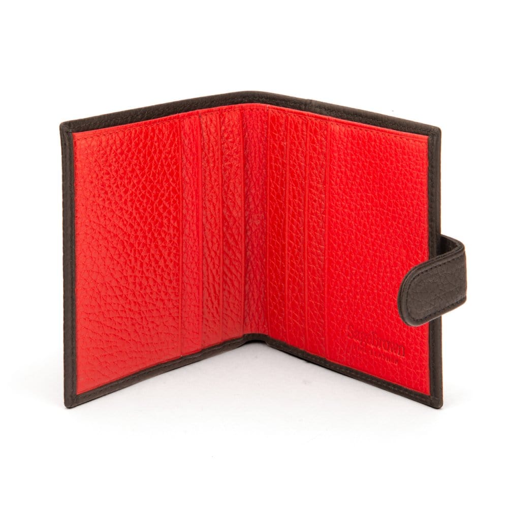 Compact leather billfold wallet with tab, black with red, open