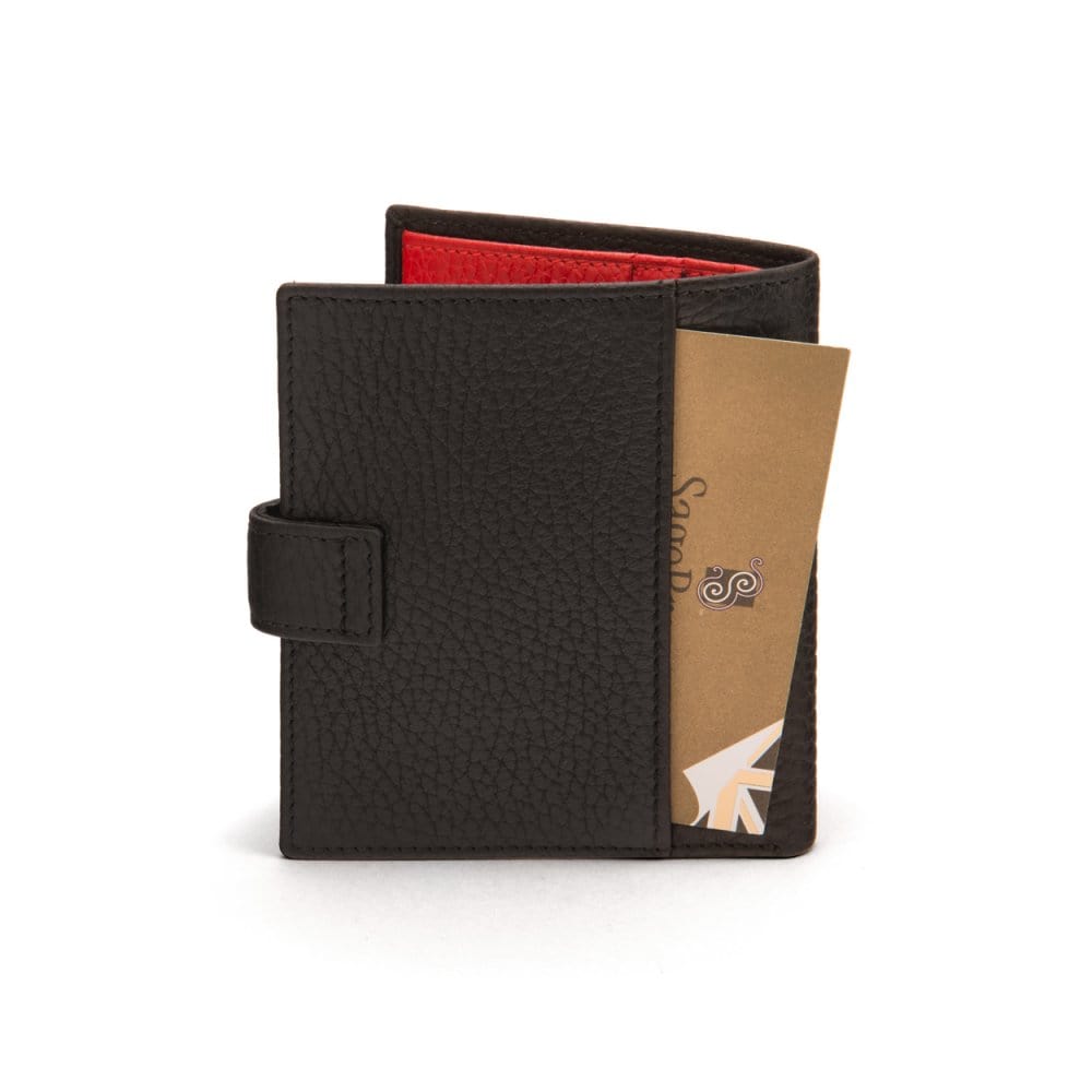 Compact leather billfold wallet with tab, black with red, back