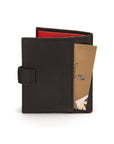 Compact leather billfold wallet with tab, black with red, back