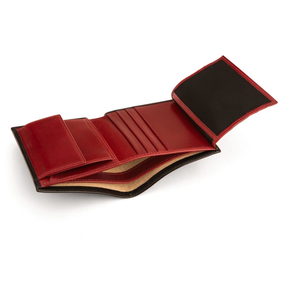 Leather wallet with coin purse, black with red, inside