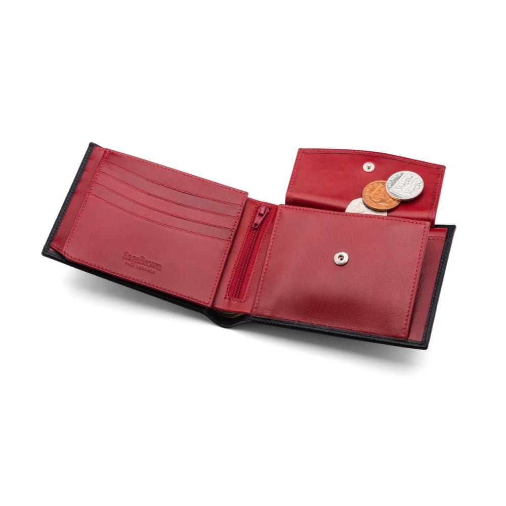 Leather coin wallet, black with red, inside