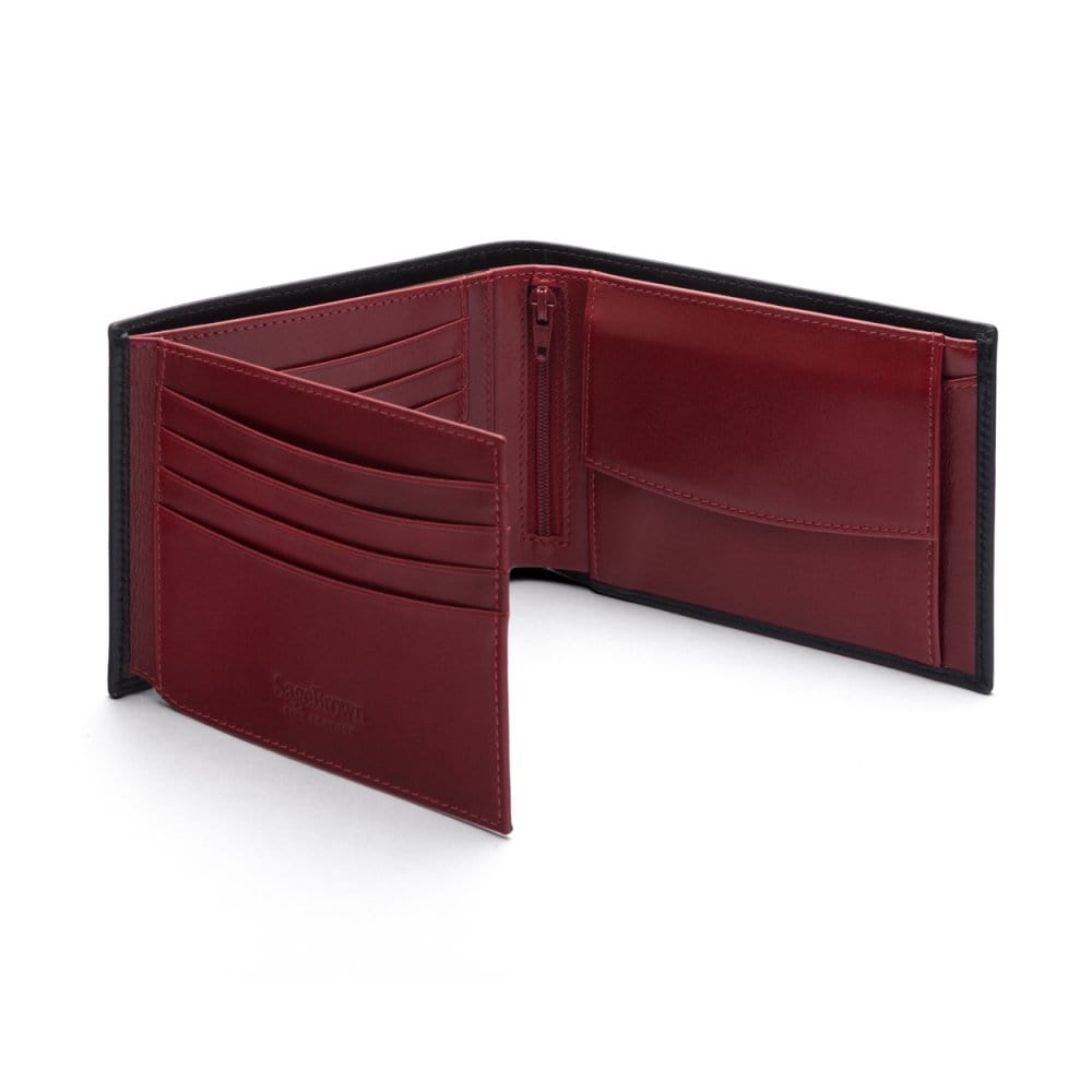 Leather coin wallet, black with red, open