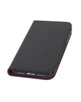 Leather iPhone XR wallet case, black with red, front