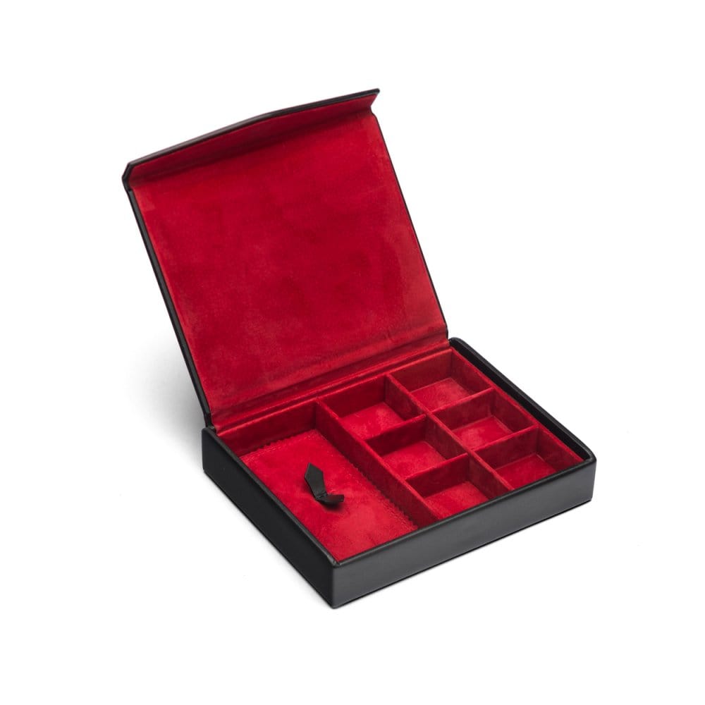 Large leather accessory box, black with red, inside