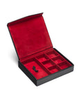 Large leather accessory box, black with red, inside