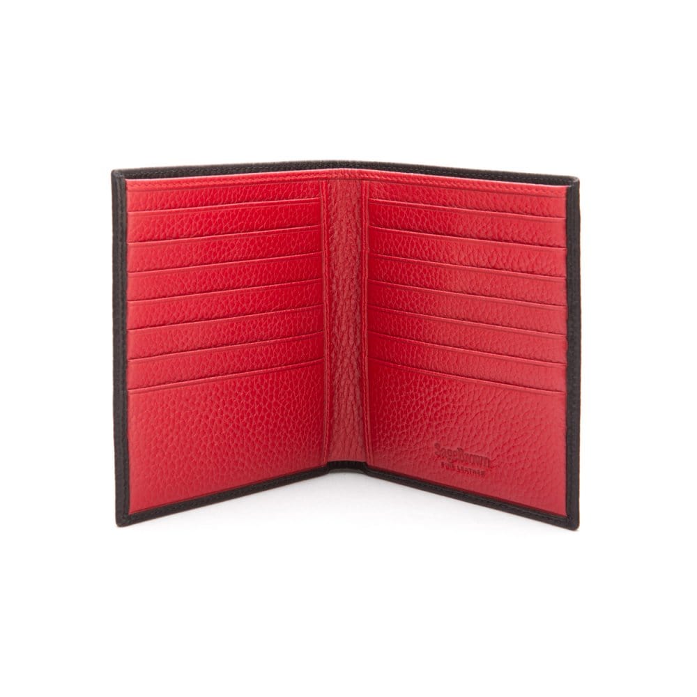 3/4 height leather wallet 14 CC, black with red, open