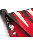 Leather backgammon roll, black with red, close up