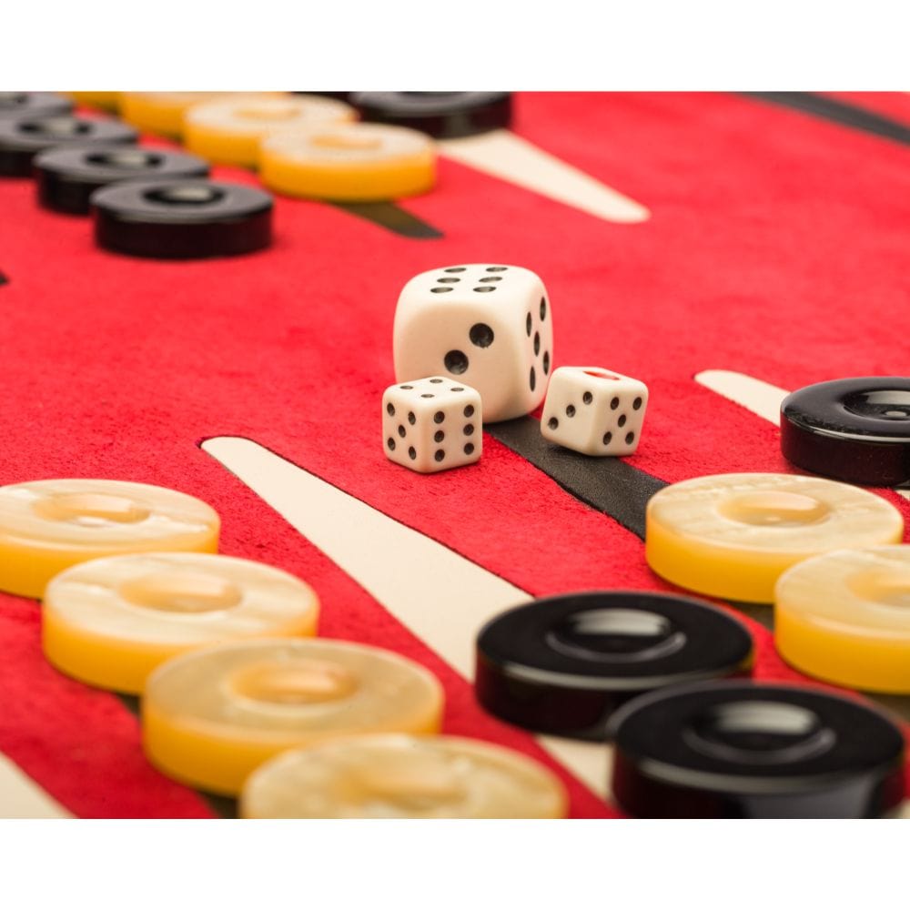 Leather backgammon roll, black with red, dice and counters