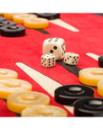 Leather backgammon roll, black with red, dice and counters