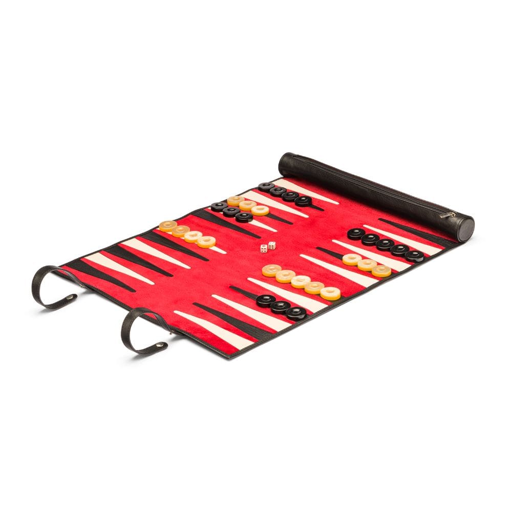 Leather backgammon roll, black with red