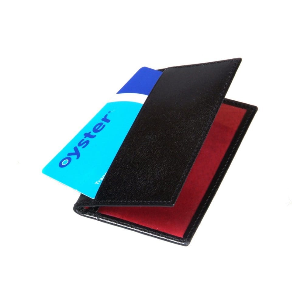 Leather travel card wallet, black with red, front