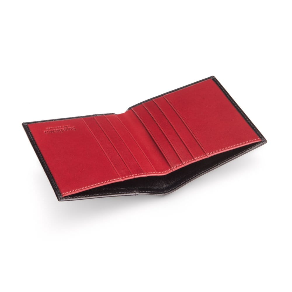 Leather compact billfold wallet 6CC, black with red, inside