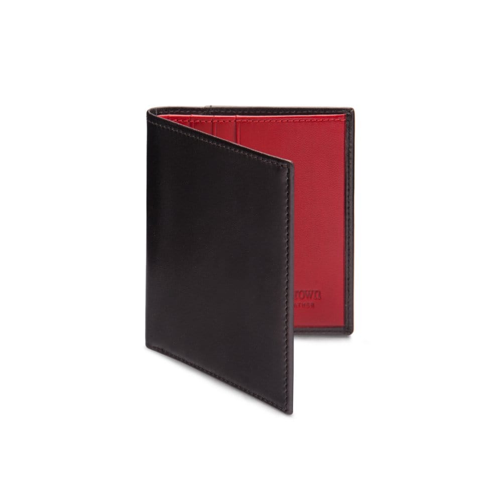 Leather compact billfold wallet 6CC, black with red, front