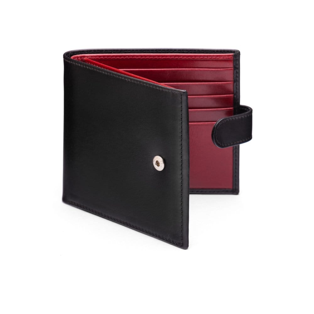 Leather wallet with tab closure, black with red, front