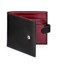 Leather wallet with tab closure, black with red, front