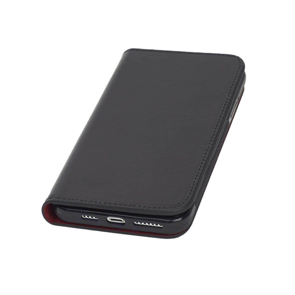 Leather iPhone 11 Pro Max wallet case, black with red, front