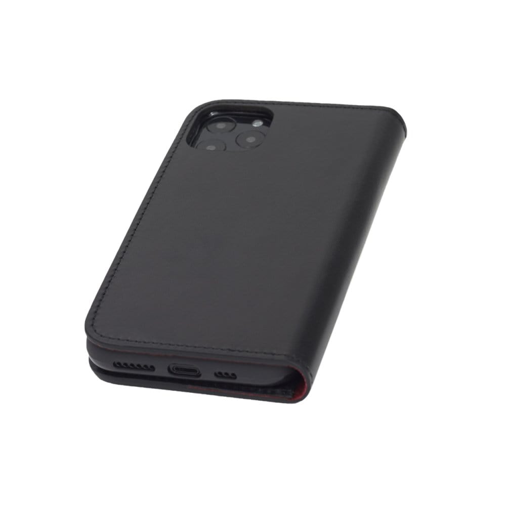 Leather iPhone 11 Pro wallet case , black with red, back