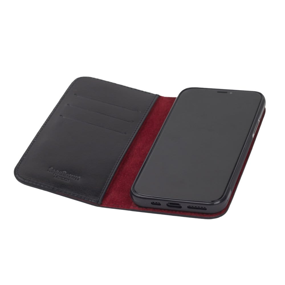 Leather iPhone 11 Pro wallet case , black with red, inside