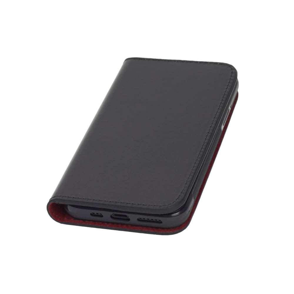 Leather iPhone 11 Pro wallet case , black with red, front