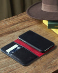 Leather iPhone 11 Pro wallet case , black with red, lifestyle