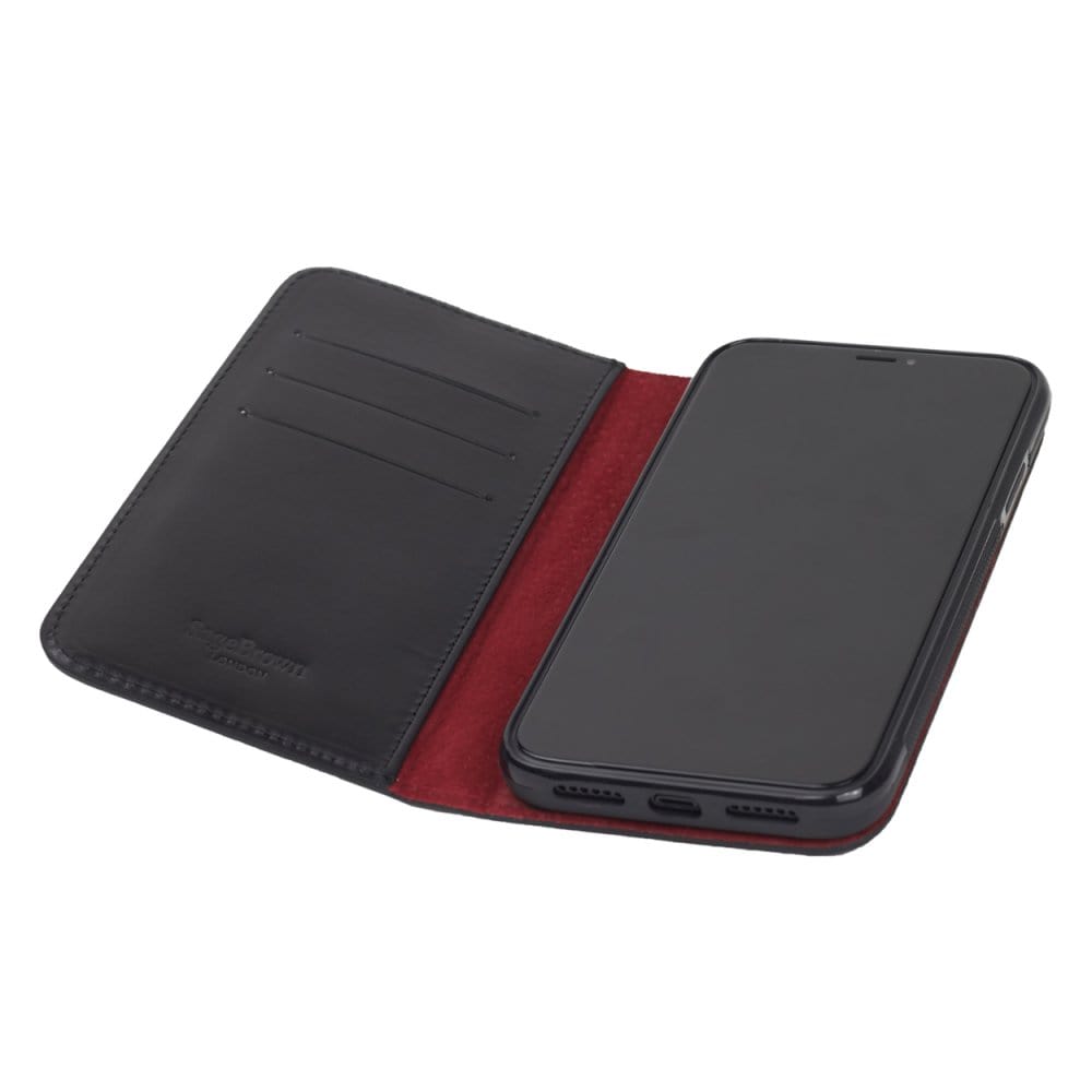 Leather iPhone 11 wallet case , black with red, inside