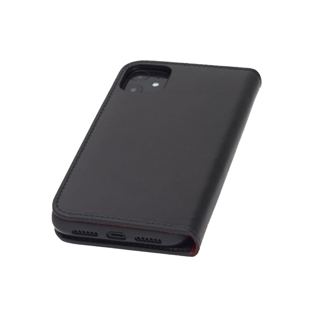 Leather iPhone 11 wallet case , black with red, back 