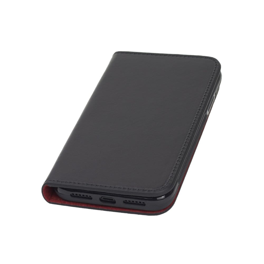 Leather iPhone 11 wallet case , black with red, front