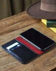 Leather iPhone 11 wallet case , black with red, lifestyle