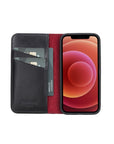 Leather iPhone 12 mini wallet case, black with red, open