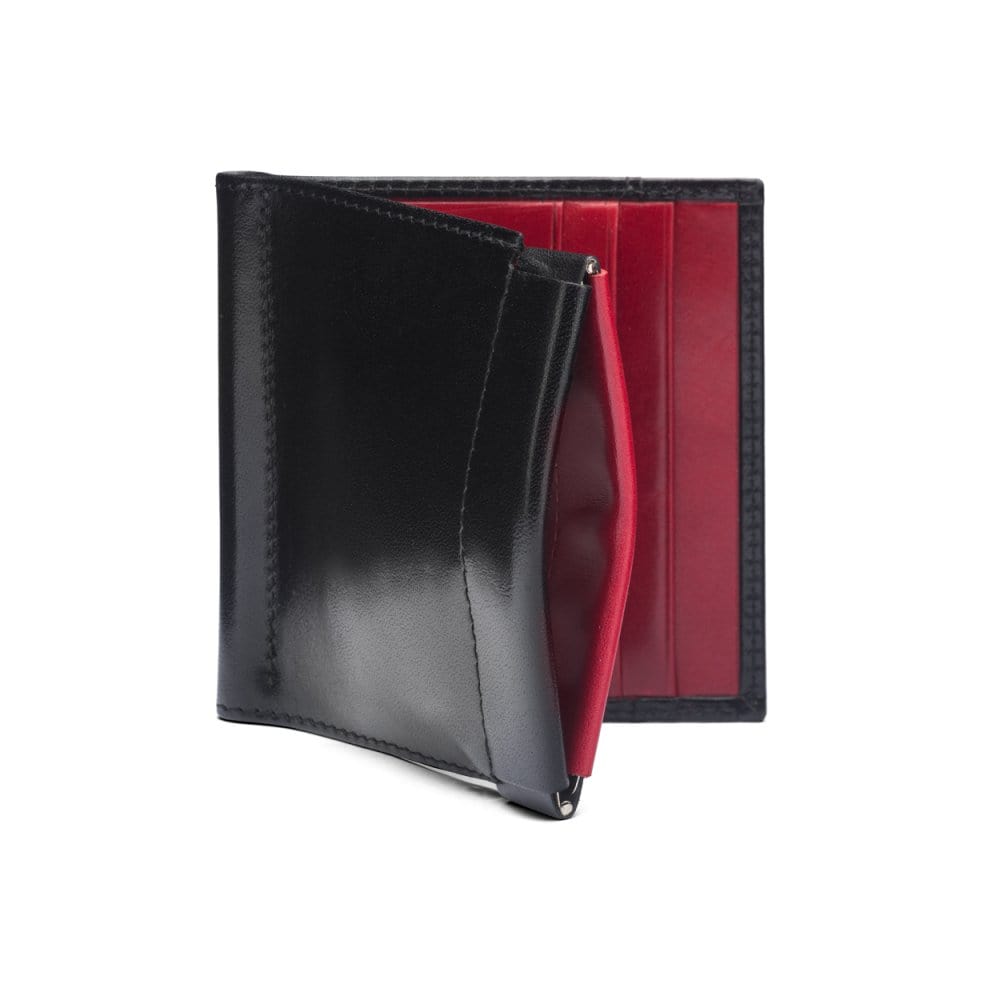 Leather money clip wallet with coin purse, black with red, front