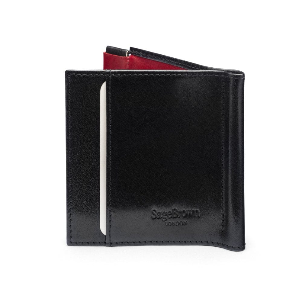 Leather money clip wallet with coin purse, black with red, back
