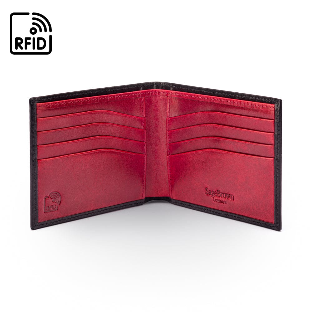 RFID leather wallet for men, black with red, open view