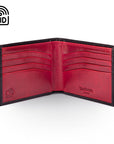 RFID leather wallet for men, black with red, open view