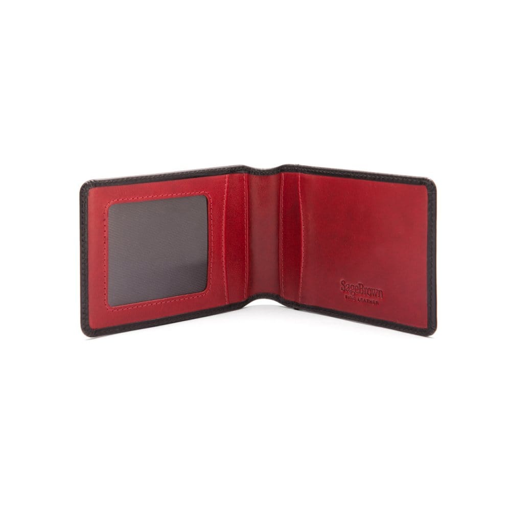 Leather travel card wallet, black with red, open