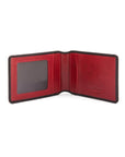 Leather travel card wallet, black with red, open