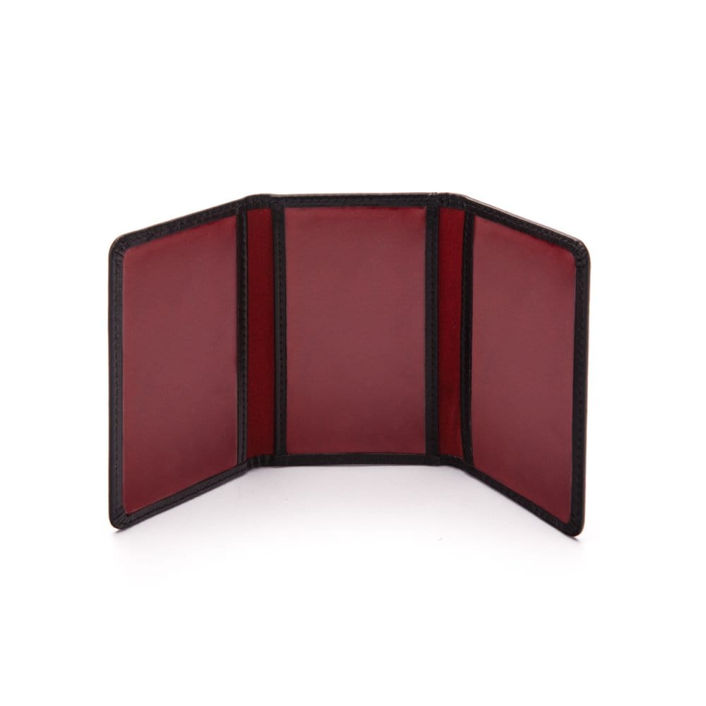 Leather tri-fold travel card holder, black with red, open