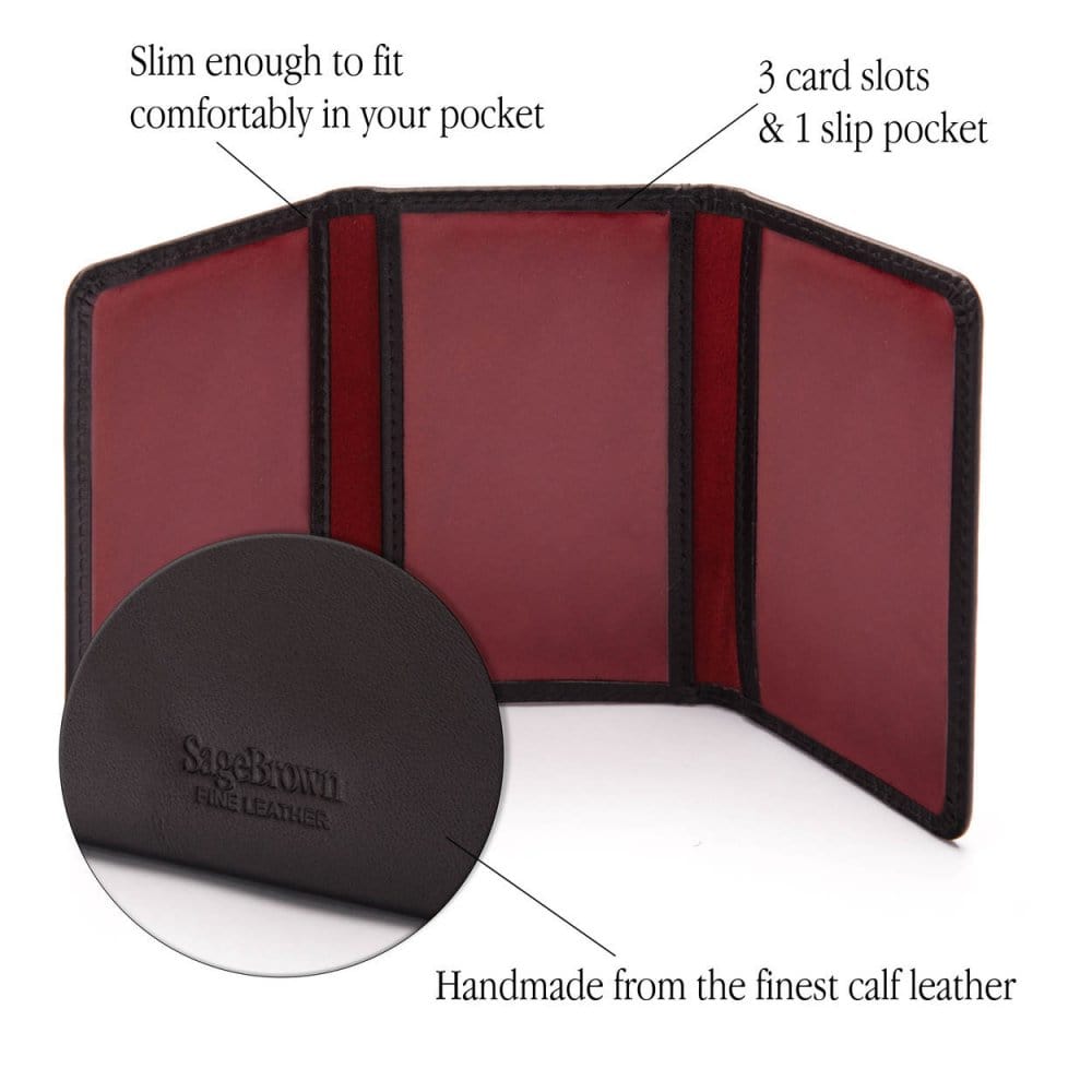 Leather tri-fold travel card holder, black with red, features