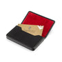 Leather business card holder with magnetic closure, black with red, inside