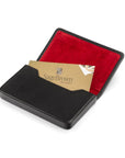 Leather business card holder with magnetic closure, black with red, inside