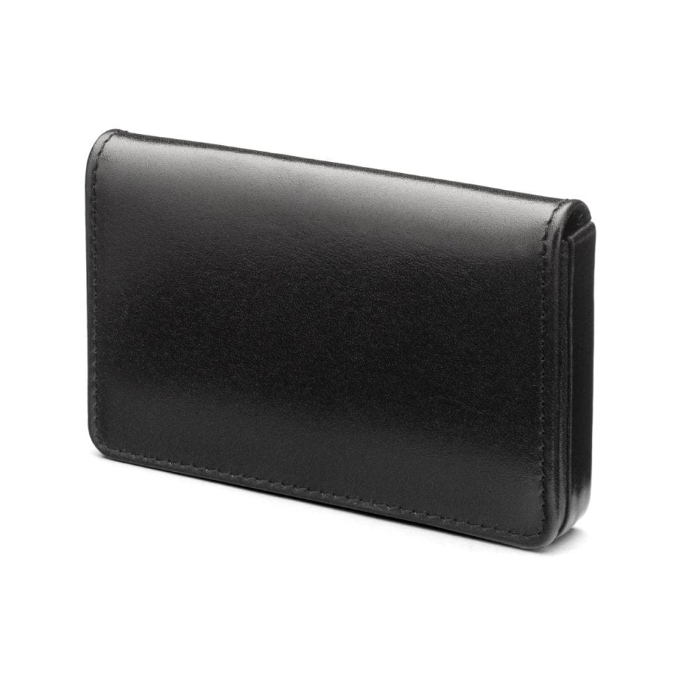 Leather business card holder with magnetic closure, black with red, front