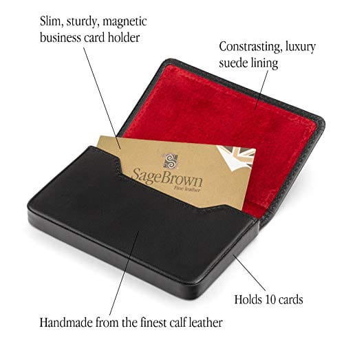 Leather business card holder with magnetic closure, black with red, features