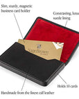 Leather business card holder with magnetic closure, black with red, features