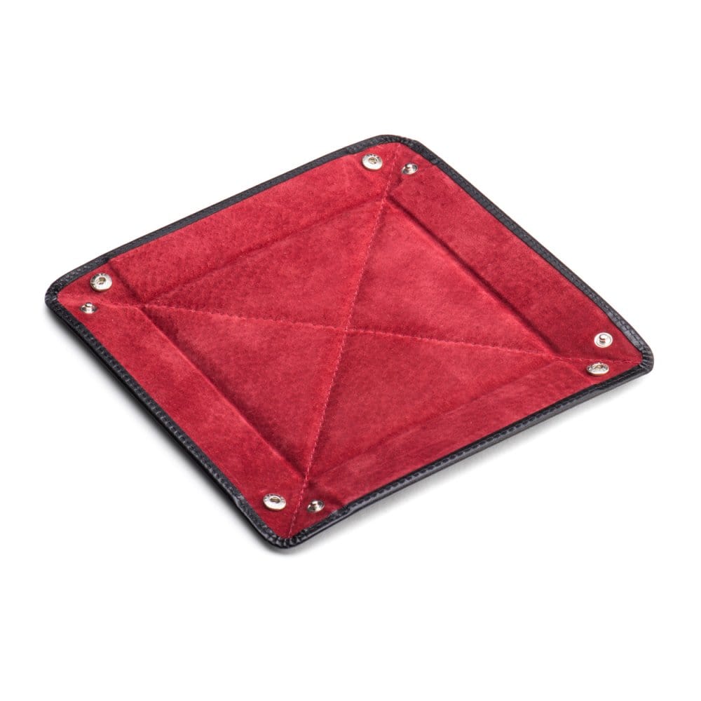 Leather valet tray, black with red, flat