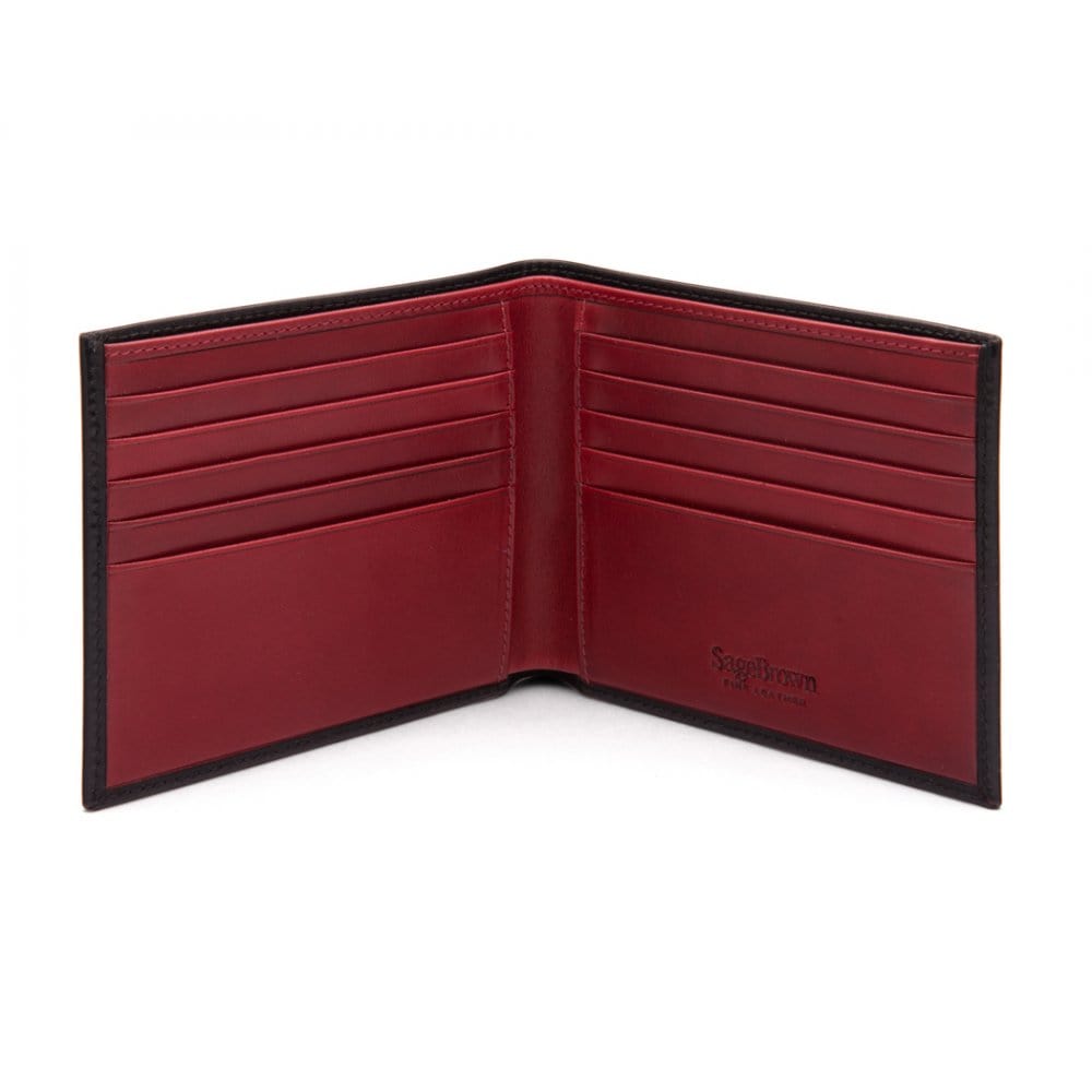 Men's leather billfold wallet, black with red, open