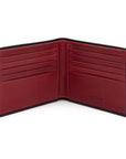 Men's leather billfold wallet, black with red, open